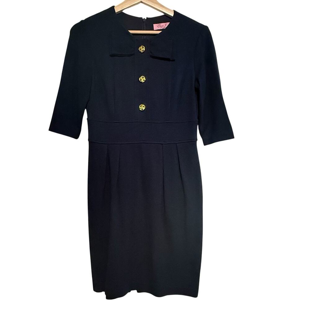 Eliza J VTG Navy Blue Knee Length Dress Womens SIZE 6P Petite L/S Gold Buttons 6